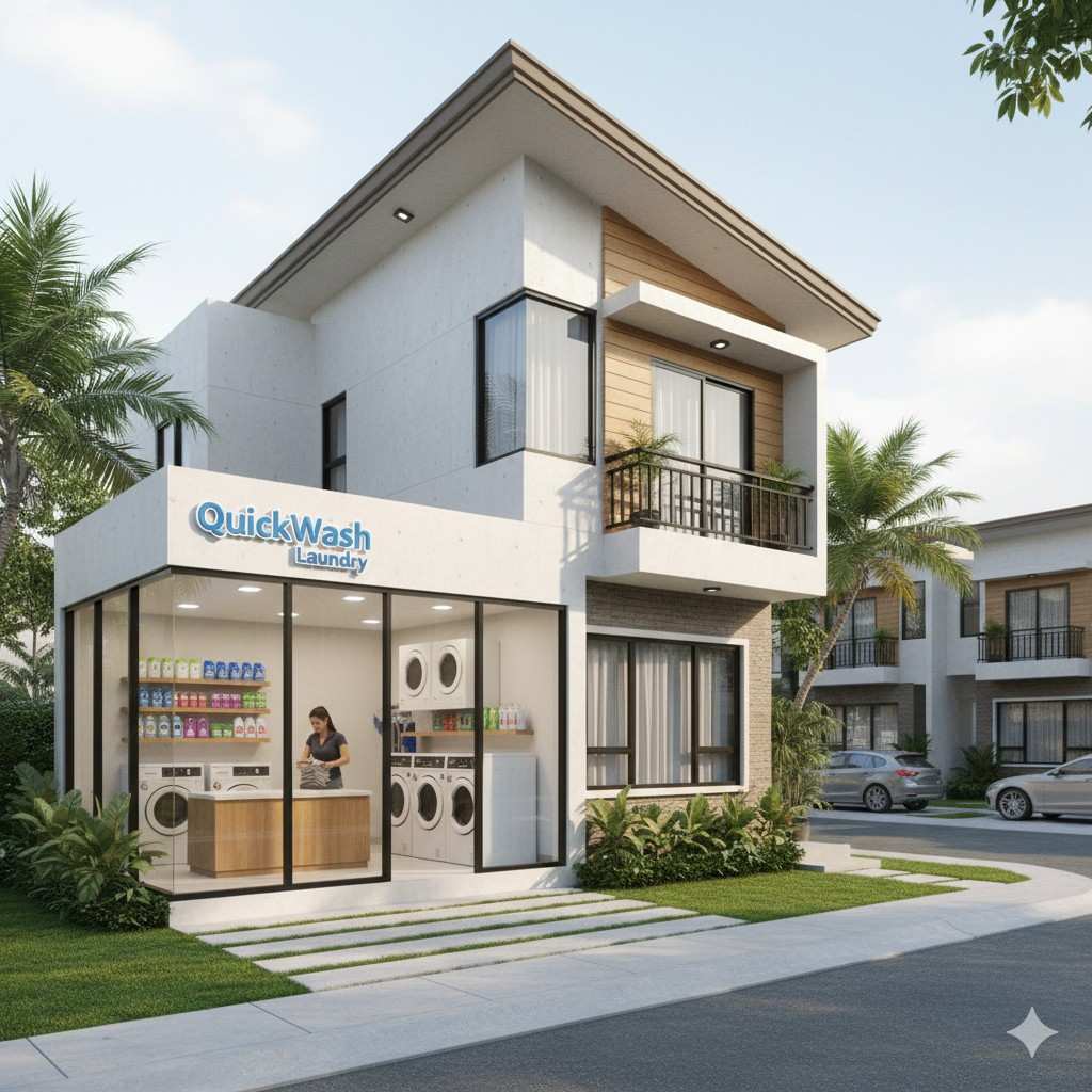 two story house with laundry business