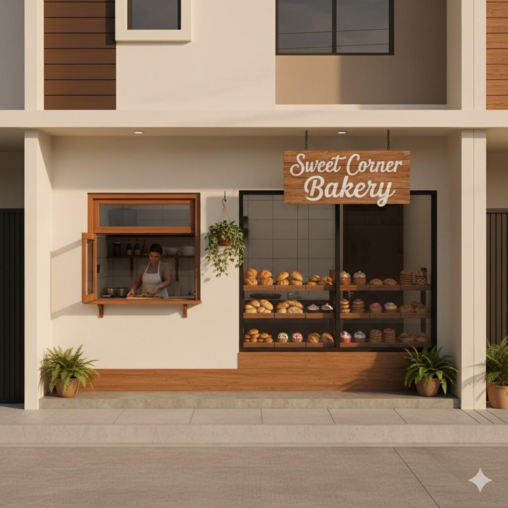two story house with small bakery